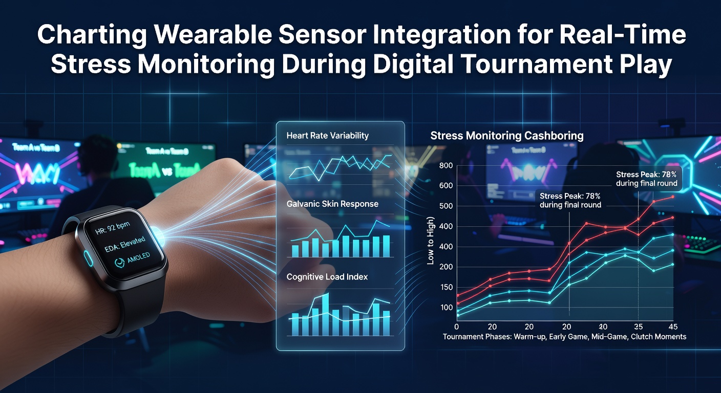 Wearable sensor devices displayed alongside digital tournament interfaces showing real-time biometric data feeds