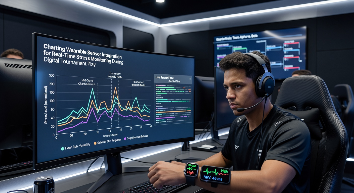Player using wearable headband connected to tournament software with stress level graphs overlaid on gameplay screen