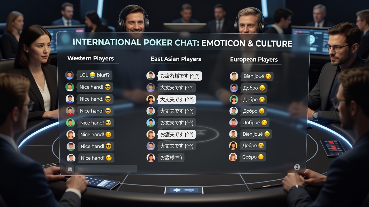 Close-up of diverse emoticon usage in multilingual poker chat interface