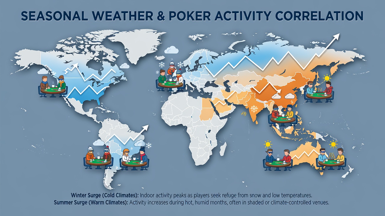 Data visualization of poker traffic spikes aligned with seasonal weather events across continents