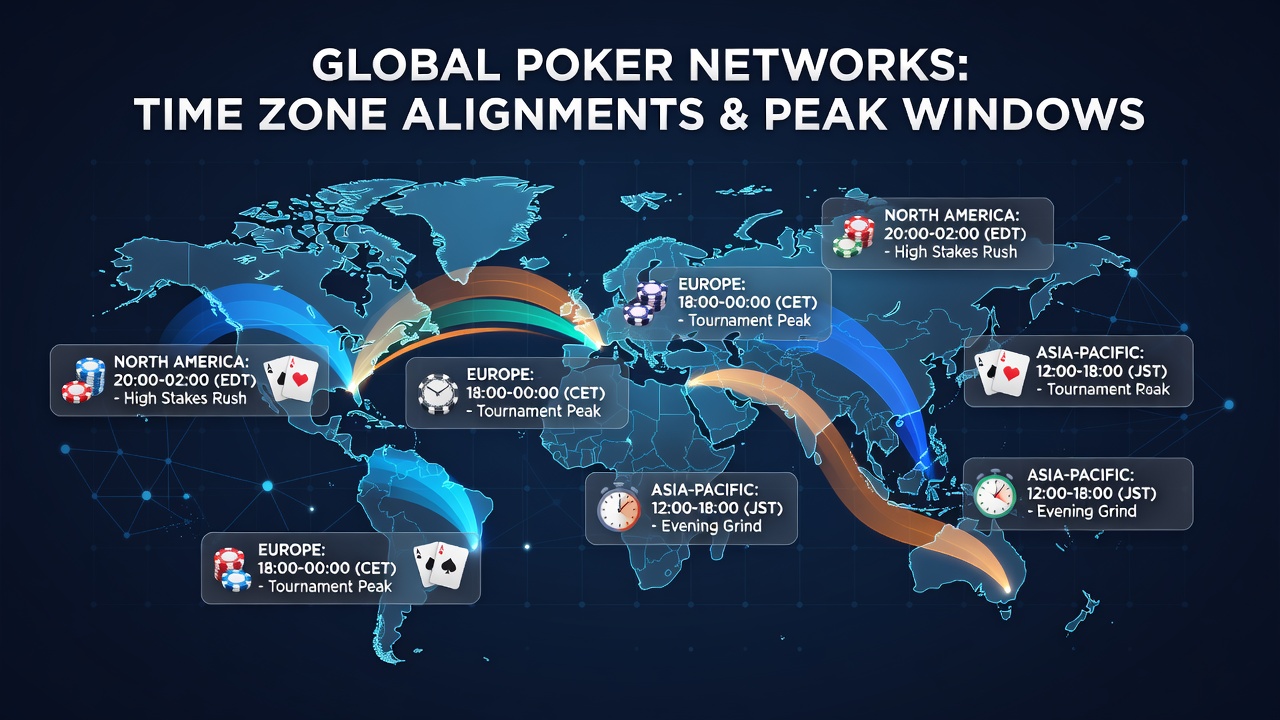 Map illustrating global poker network activity peaks across major time zones