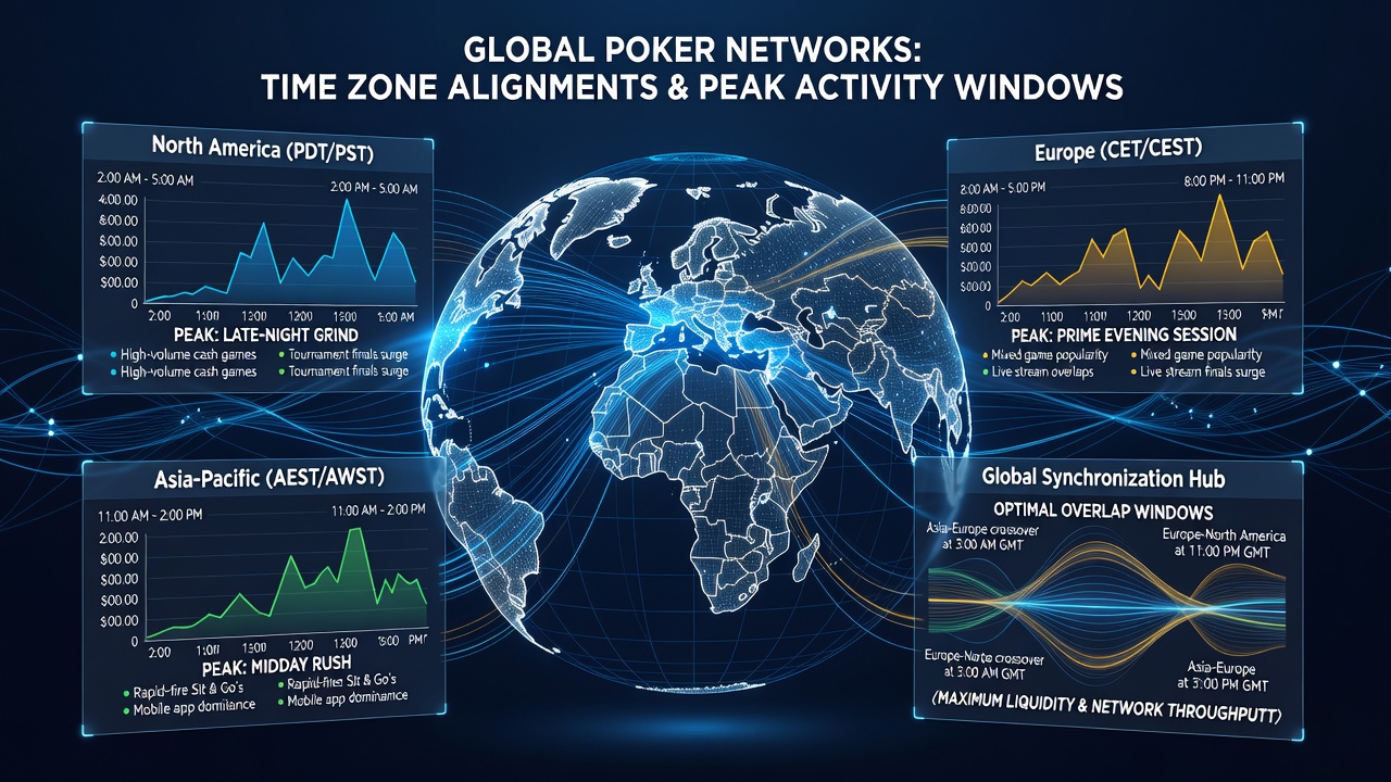 Graph displaying hourly poker traffic peaks correlated with time zone overlaps