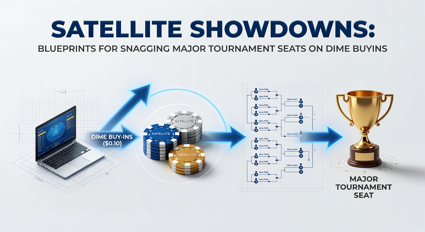 Intense poker players at a satellite tournament table, chips stacked high as they vie for a major event seat