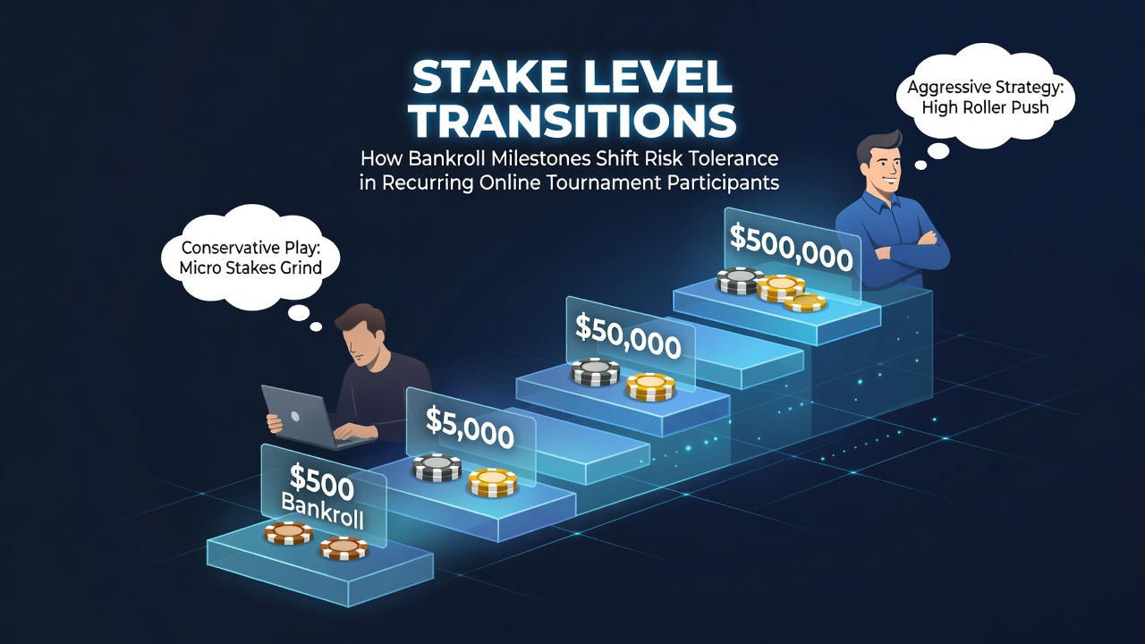 Bankroll growth chart showing stake level transitions for online tournament players