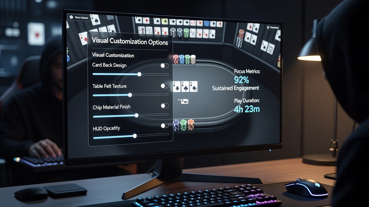 Poker interface showing customizable visual options including card backs, table felt colors, and layout adjustments during extended sessions