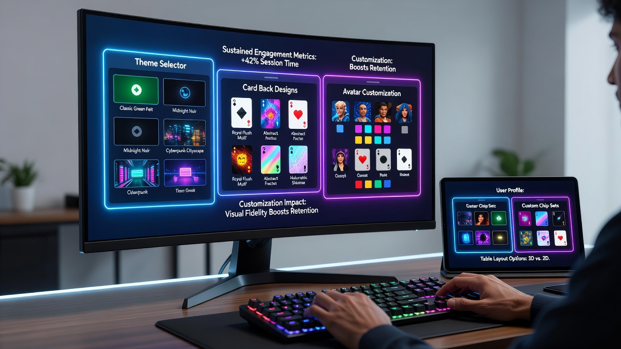 Close-up view of a customized poker table interface with altered color scheme and layout supporting focus during long play