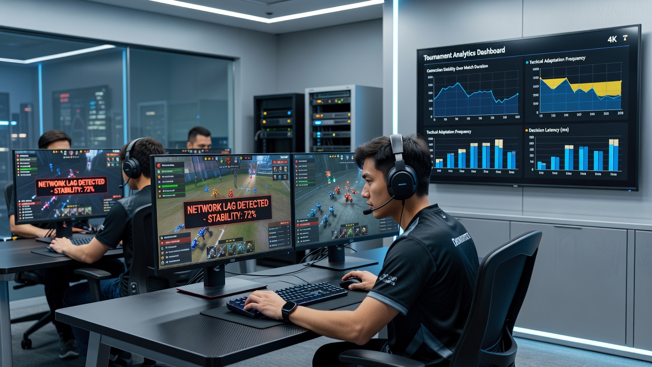 Tournament player reviewing connection logs and timing statistics on dual monitors