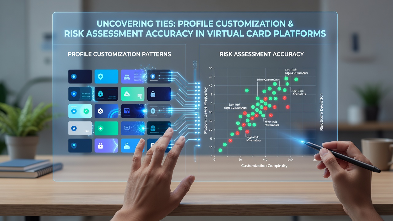 Virtual card platform interface showing profile customization options alongside risk assessment dashboards