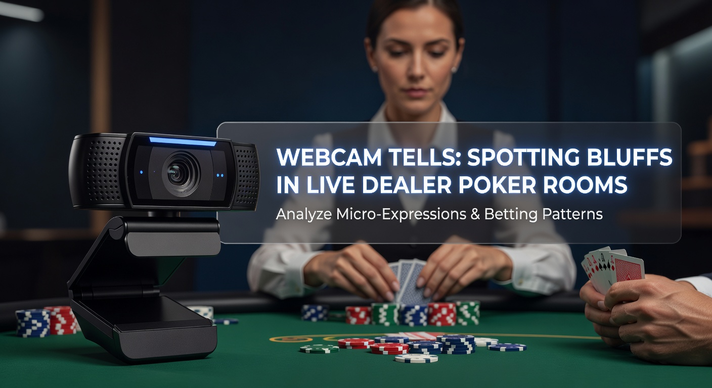 A close-up webcam view of a poker player at a live dealer table, showing subtle facial expressions during a hand