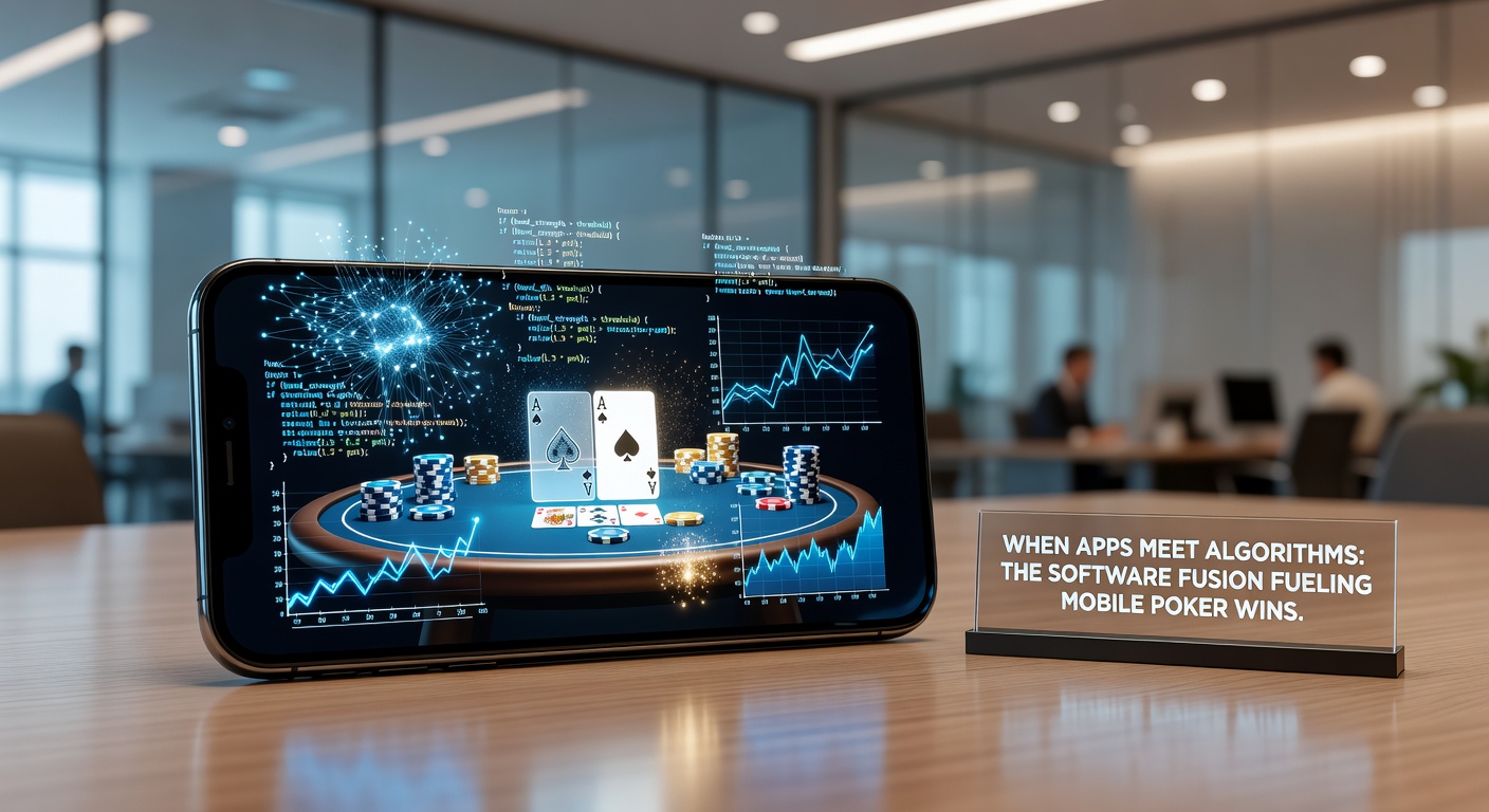 Close-up of a poker player using a tablet for a tournament, with app screens showing GTO solver outputs, opponent HUD stats, and equity graphs overlayed on the game table