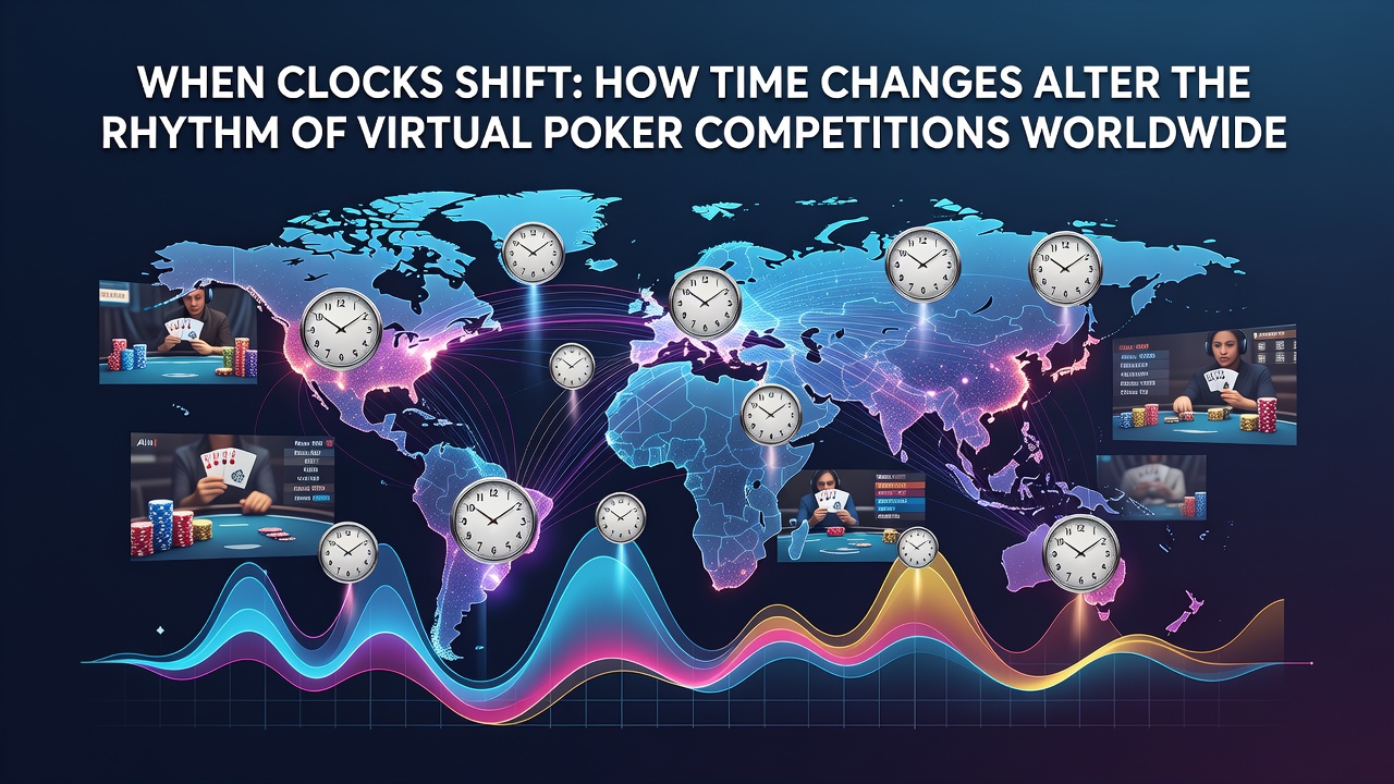 Poker players at screens with overlaid world clocks showing time zone differences